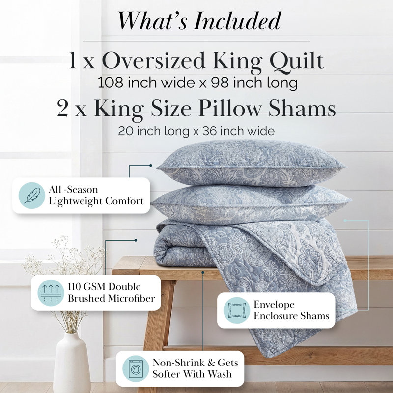 Southshore Fine Linens Perfect Paisley Reversible Quilt Set in Paisley Blue, 110 GSM Double-Brushed Microfiber with 120 GSM Fill and Quilted Paisley Design, 1 Quilt and 2 King Pillow Shams, King / California King