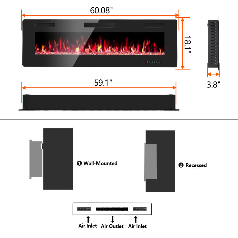Wall Mounted or Recessed Electric Fireplace with Remote Control and Timer, Thickness 3.8 inch , Top Air Outlet