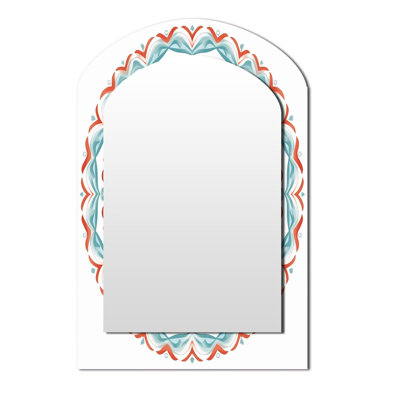 Mandala sacré en rétro bleu et orange I - Miroir décoratif géométrique en arche sur métal