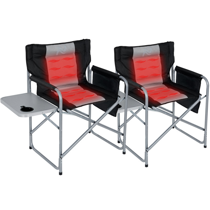 Oversized Heated Camping Chair, Portable Directors Chair With 3 Heat Levels And Side Table, Black