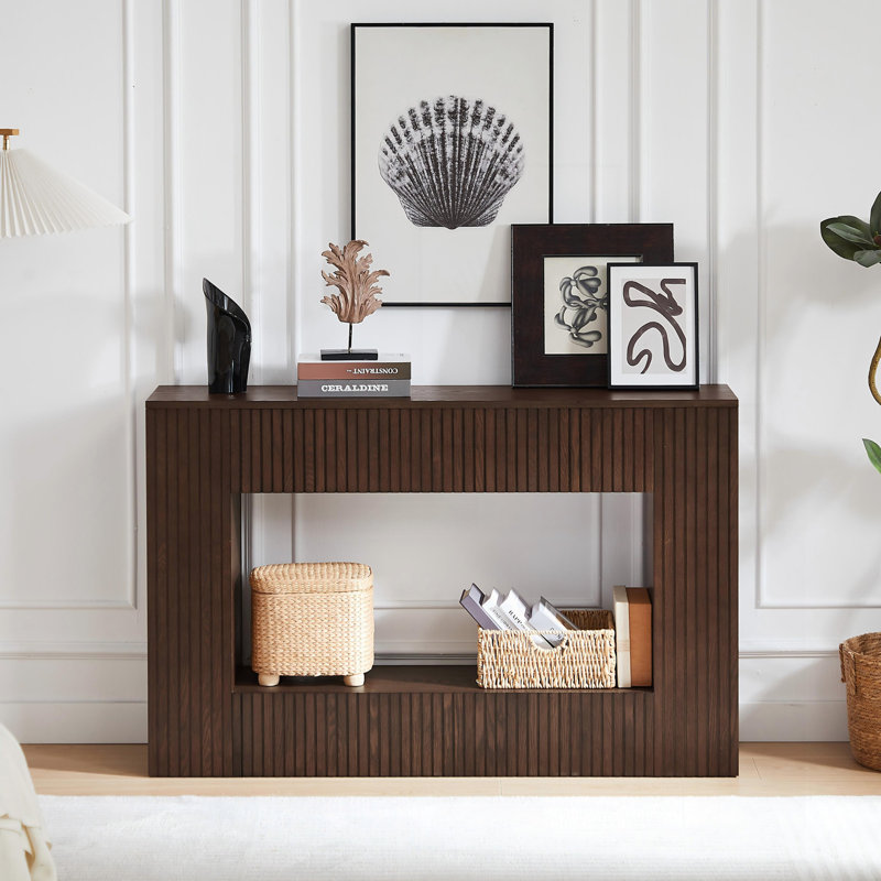 55 "Console moderne à lattes, table d'entrée étroite pour le salon ou le couloir, Noyer