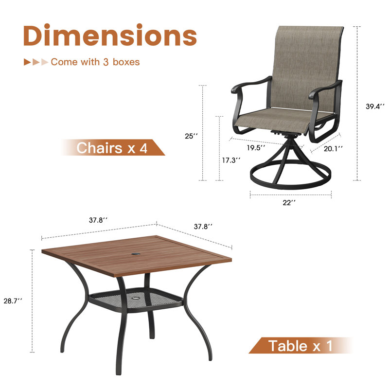 4-Person Patio Dining Set with Square Dining Table with Umbrella Hole and PVC-coated polyester Swivel Chairs