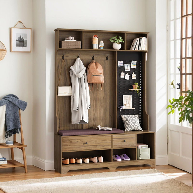 Multi-Purpose Hallway Hall Tree With Removable Linen Cushioned Entryway Bench, Brown
