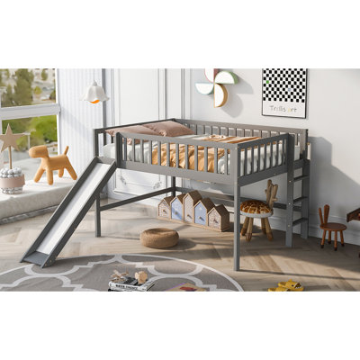 Gray Bedroom Full Size Low Loft Bed With Space & Slide Stable And Thrilling In