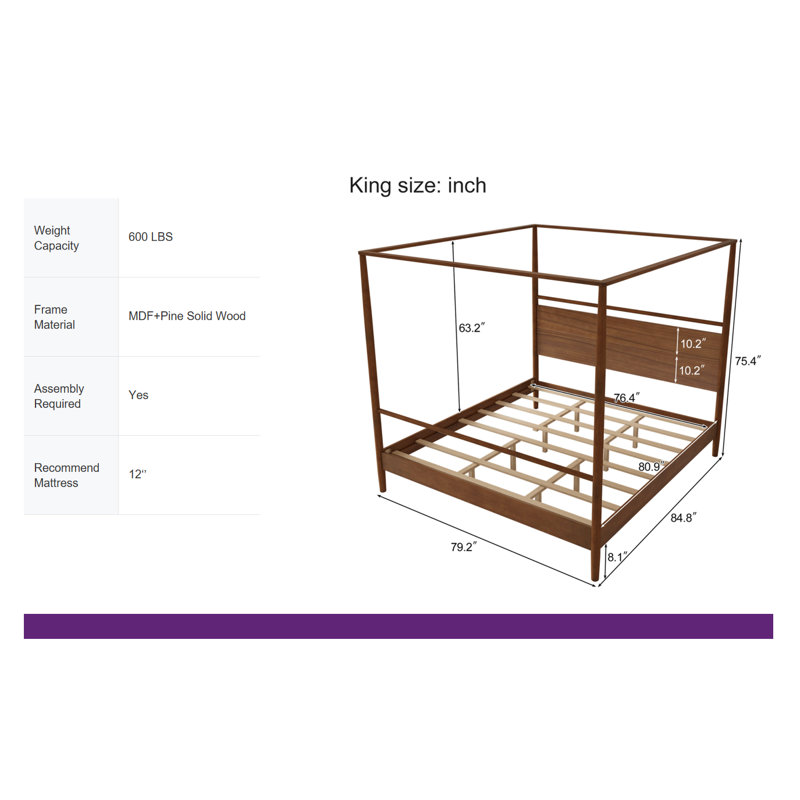 Mid-Century Modern Canopy Bed Frame - Solid Wood 4-Poster Design, Walnut Finish, No Box Spring Needed, King