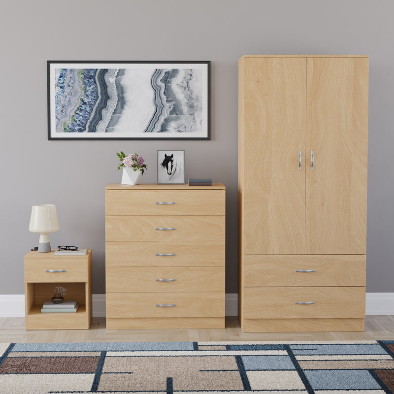 Maybery 3 Piece Bedroom Set (1 Drawer Bedside Chest, 5 Drawer Chest, 2 Door 2 Drawer Wardrobe), (4), Pine