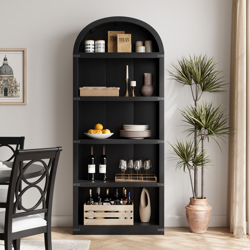 5-Shelf Arched Bookcase – Farmhouse Wooden Bookshelf with Metal Corner Accents, 71.65" Tall Storage & Display Rack for Home Office, Living Room, Bedroom, and More