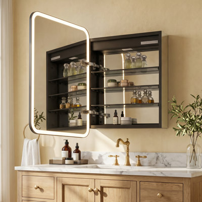 Armoire à pharmacie Ostaria rectangulaire de 20 po x 28 po avec miroir et éclairage DEL encastrés/en saillie, en aluminium noir