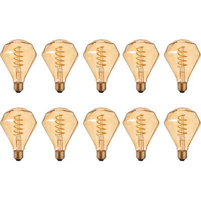 Vintage LED E27 Decoraive Bulb, Edison Diamond 4W, G95 Spiral LED Filament Screw Non-Dimmable, Amber Glass Warm White 2700K Lighting Bulb, Pack of 10