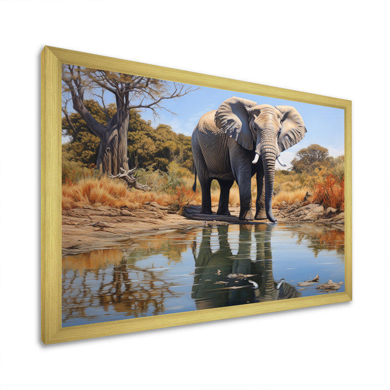" Elephant Reflection ", Gold Picture Framed, 12" H x 20" W x 1" D