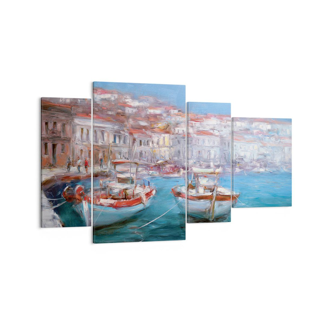 4-tlg. Leinwandbilder-Set Oil Boats Greece