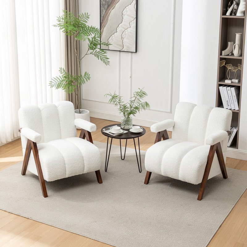 Dormon Upholstered Boucle  Armchair with Solid Wood Legs, Ivory