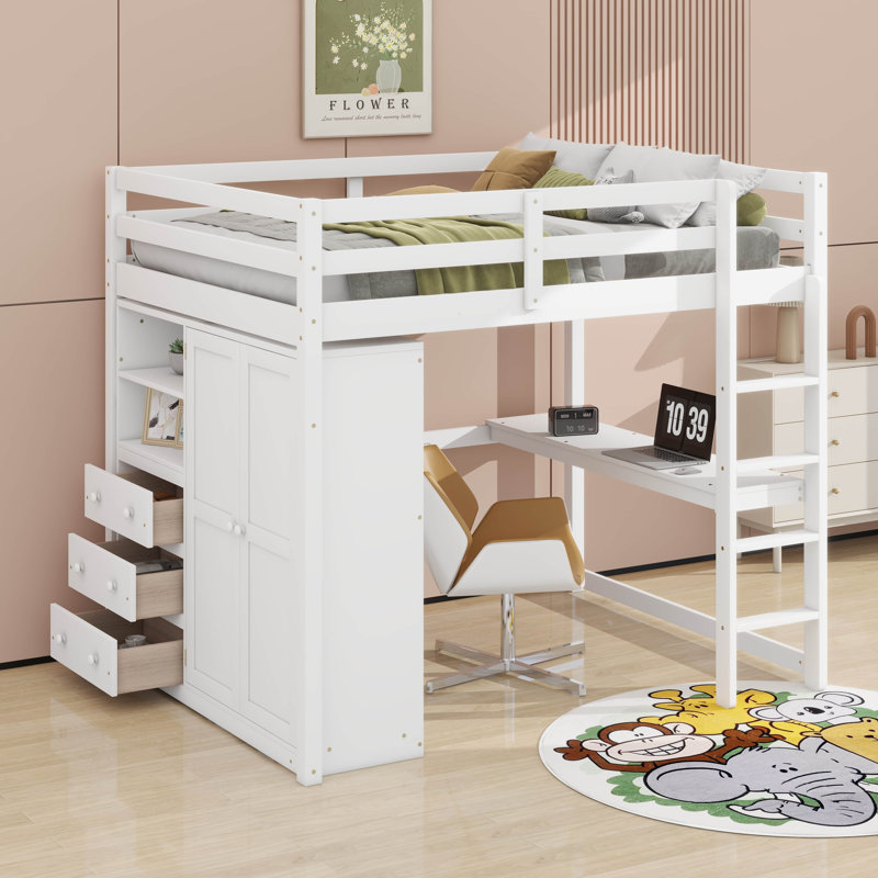 Lit mezzanine double en bois avec garde-robe intégré, Blanc