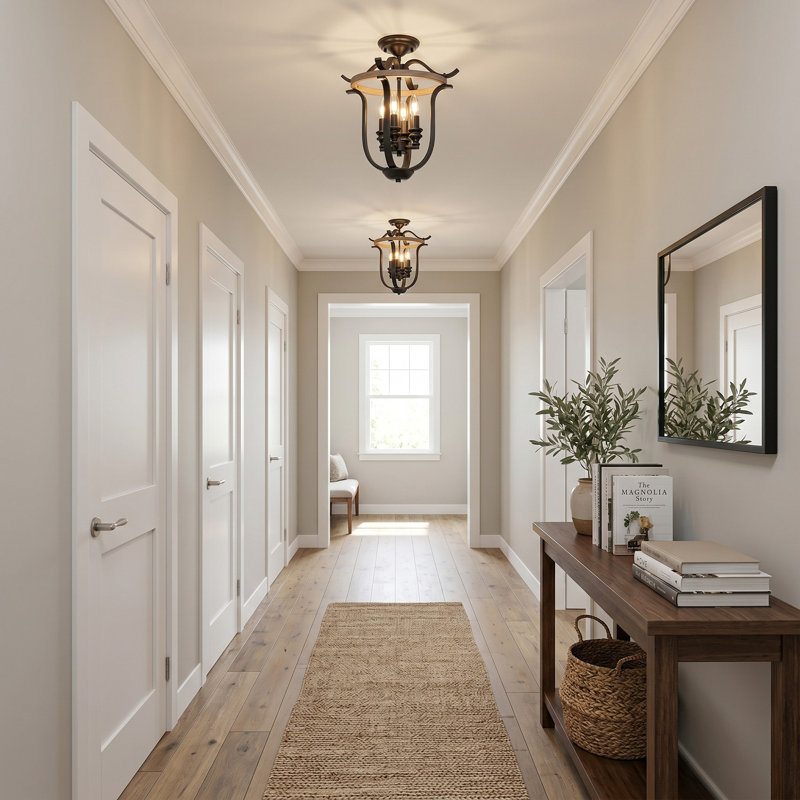 4-light Farmhouse Semi Flush Mount, Black/Wood Accent