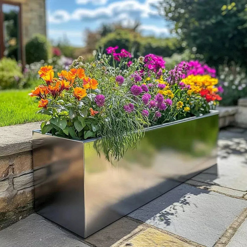 Reny Galvanised Zinc Trough Planter, 40cm H x 100cm W x 40cm D, Silver