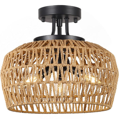 Plafonnier semi-encastré, luminaire en rotin avec abat-jour en osier fait à la main, lustre Boho à 3 lumières, plafonnier tissé près du couloir de la chambre à coucher, salon, cuisine
