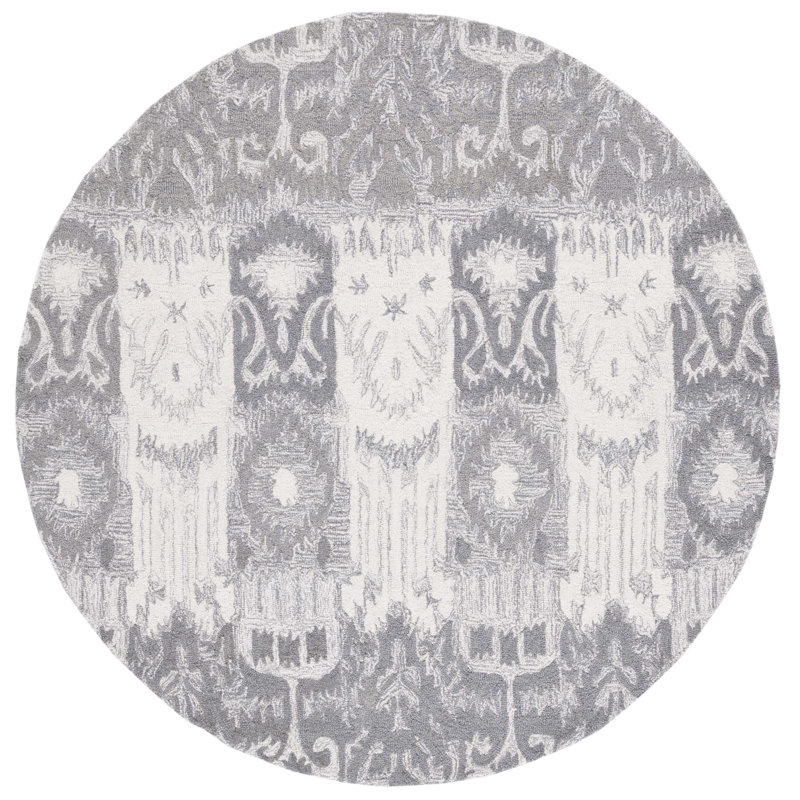 Tapis ivoire / gris en laine / coton touffeté à la main Ikat, Rond 6 pi