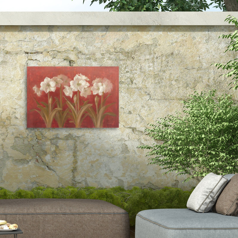 Amaryllis blanc sur toile rouge Danhui Nai, H 12 po x l 19 po