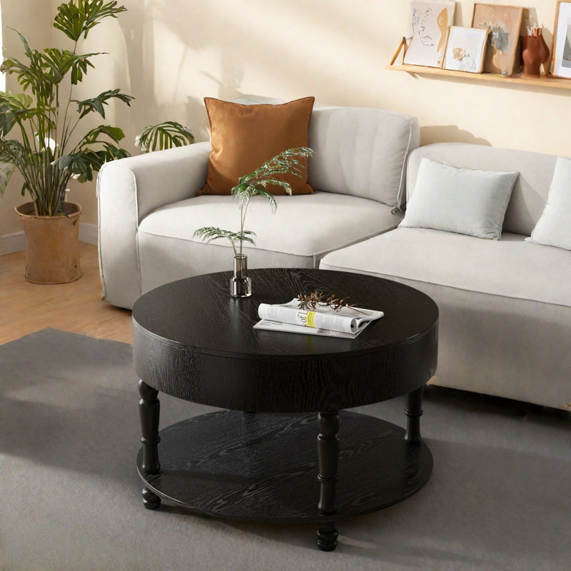 Table basse ronde moderne avec compartiment caché, tablette ouverte et pieds réglables, Noir