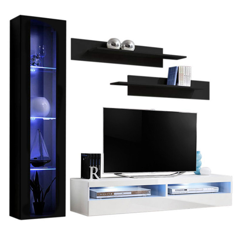 Lineberry 85" Modern Floating Wall Mounted Entertainment Center with 16-Color LED Lighting, High Gloss Finish, Black/White