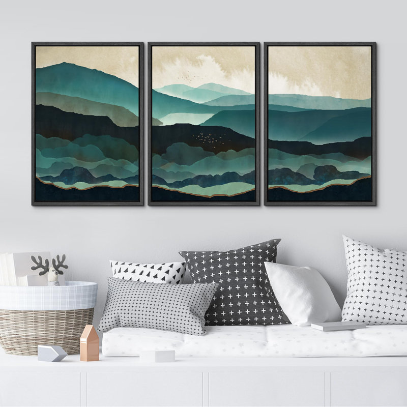 "Couches abstraites, Horizons mystiques, illustrations, art moderne, décor, chic, salon, chambre à coucher", 3 pièces, Noir