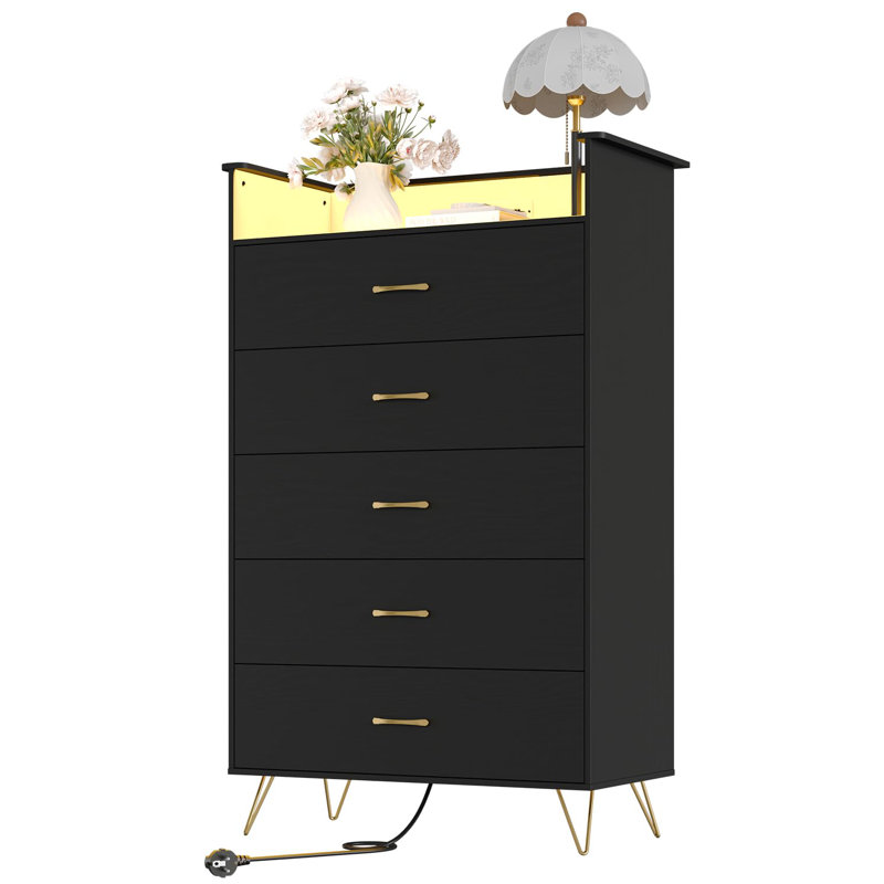 5-Drawer Wooden Dresser with RGB Lights & Charging Station, App Controlled Music Sync LED Chest, Large Storage Organizer for Bedroom, Closet and Living Room