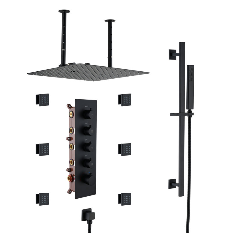 16" Ceiling Mounted 4-Function Thermostatic Rainfall Shower System with 6 Body Jets and Slide Bar, Matte Black