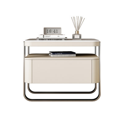 20.47" H x 15.75" W Minimalist White Round-Corner Square Nightstand with Stainless Steel Frame & Double-Layer Storage