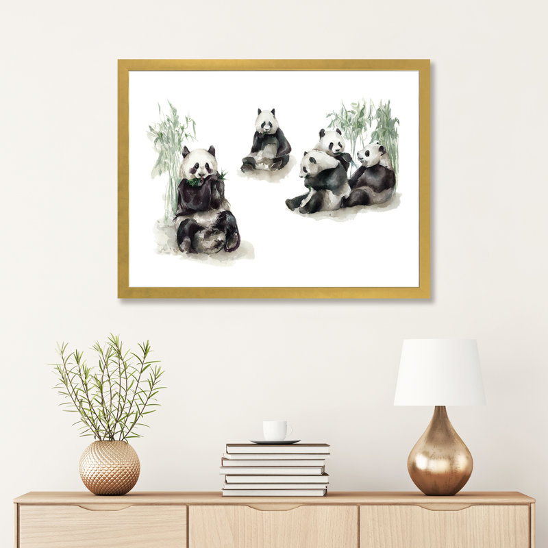Pandas, H 16 po x l 24 po x P 1 po, Papier encadré doré
