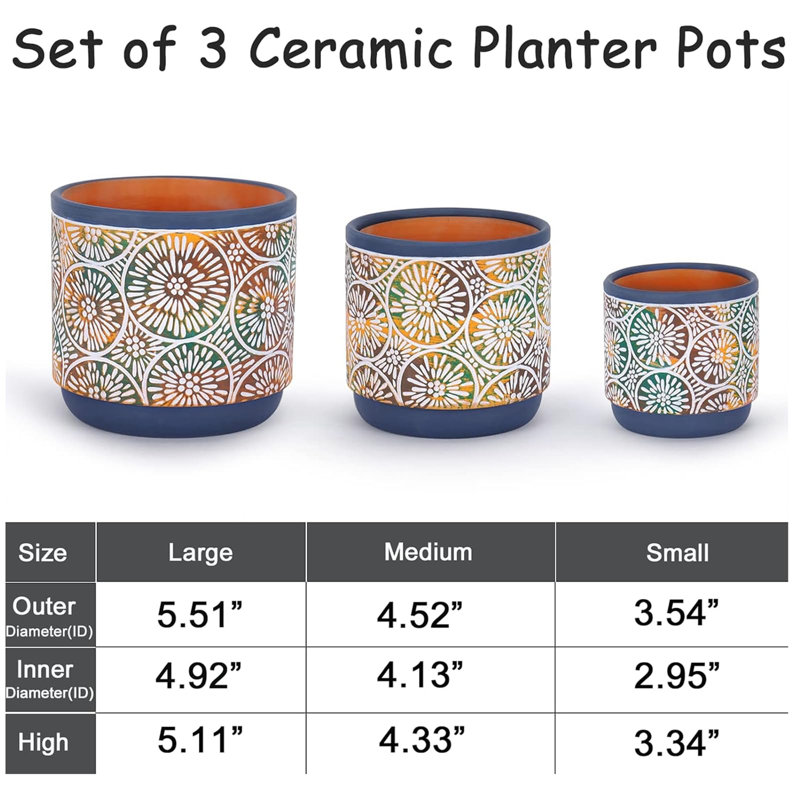 3 Piece Ceramic Plant pots with Drainage Holes, Blue