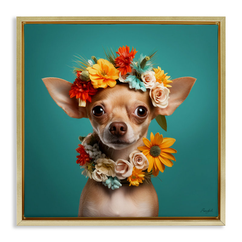 Portrait floral de chihuahua, Cadre flottant métallique doré, 25" H x 25" W