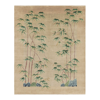 Rug & Kilim's Chinese Art Deco Style Rug In Beige With Bamboo Floral Patterns