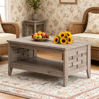 Farmhouse Coffee Table, 2-Tier Center Table with Open Storage Shelf & Woven Slatted Design, 39.5 Inch Rectangular Accent Cocktail Table, Wood Coffee T