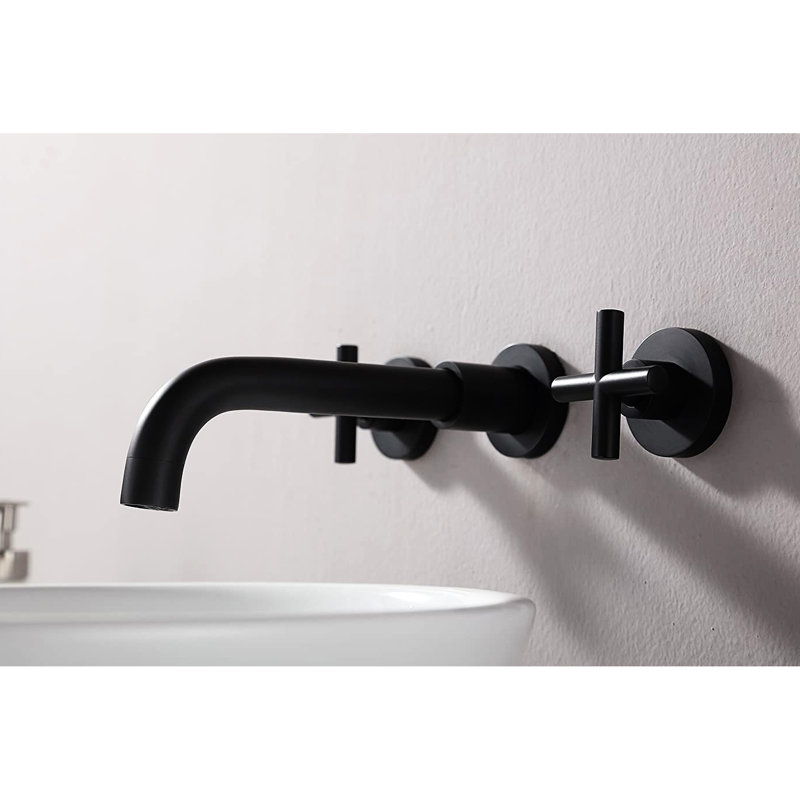Double Handle Matte Black Wall Mount Bathroom Faucet - Rust, Corrosion, Scratch, Tarnish, Spot Finish 1.5 Gpm Flow Rate 8'' Spout Height, 7'' Reach 3'' Centers Deck Plate, Drain Assembly, Supply Line