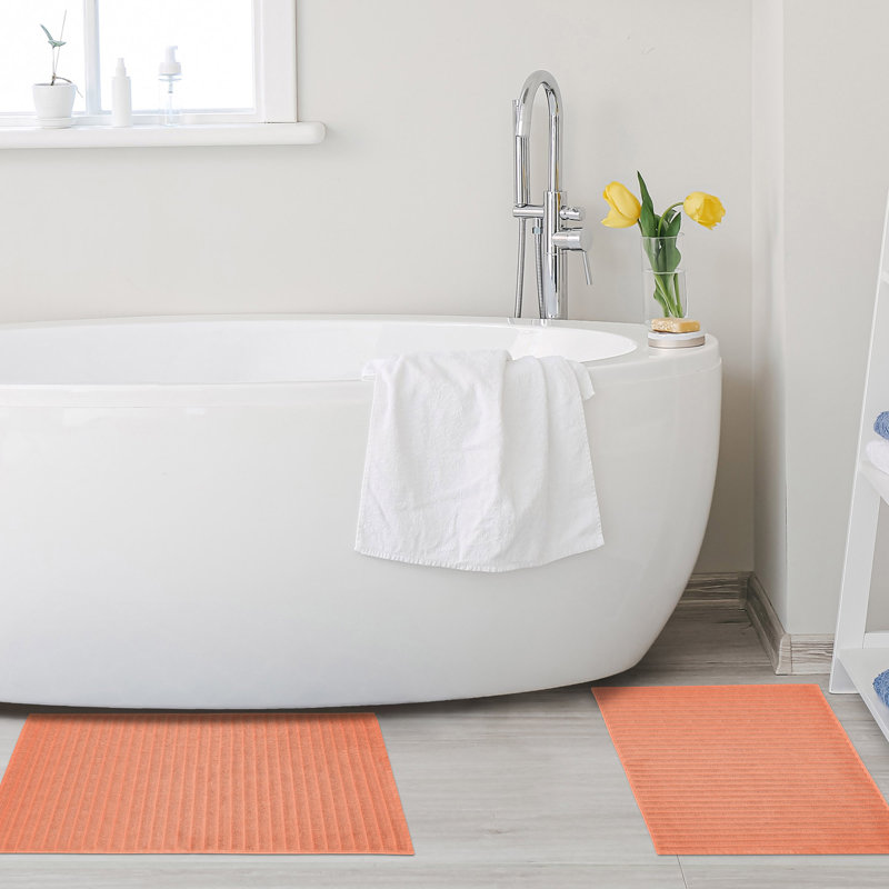 Pardue Cotton Geometric-Striped Reversible 2 Piece Bath Mat Set, Coral, Solid Color