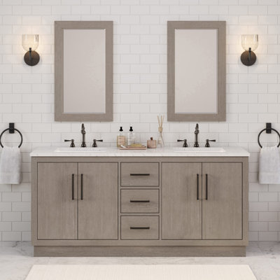 Hugo 72 In. Double Sink Carrara White Marble Countertop Vanity In Grey Oak With Gooseneck Faucets