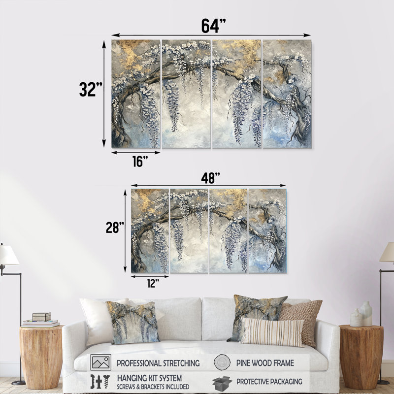 Ensemble de 4 décorations murales argentées argentées Wisteria, H 28 po x l 48 po