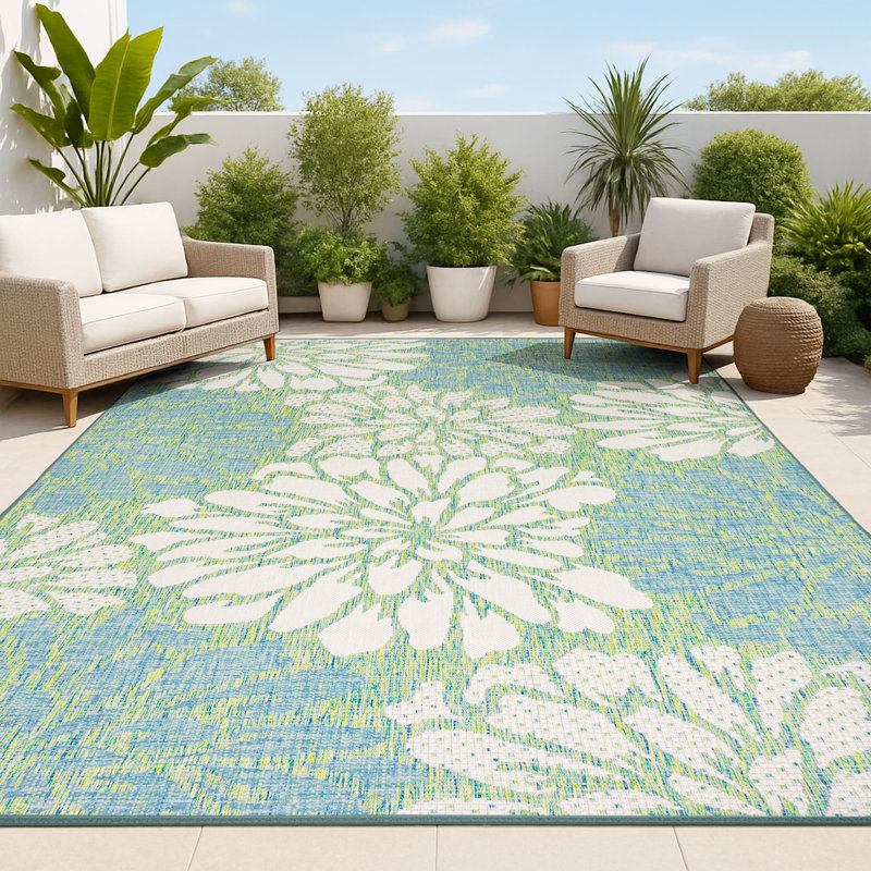 Zinnia Modern Floral Textured Weave Cream/Green Indoor/Outdoor Rug, Rectangle 9' x 12'