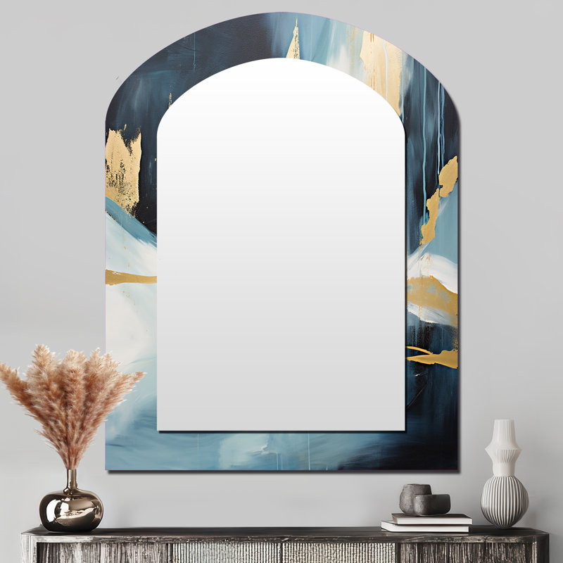 Gold and blue Abstract Expression 4 - Abstract Painting Arch Mirror, Blue Asymmetrical Decorative Wall Mirror, Printed Metal Art
