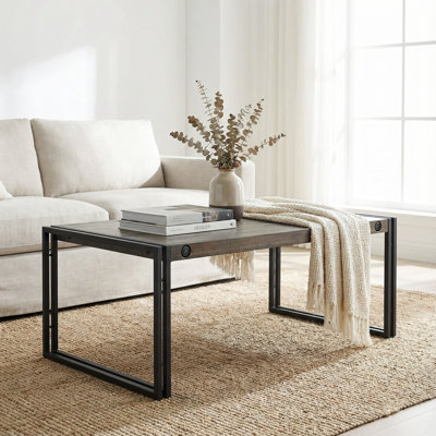 Penni Coffee Table, Solid Wood with Black Metal Frame, Dark Grey