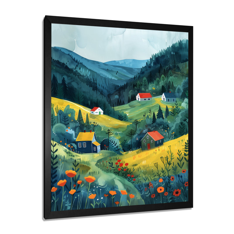 Orange, vert, paysage de montagne, art mural, H 12 po x l 20 po, Cadre simple noir