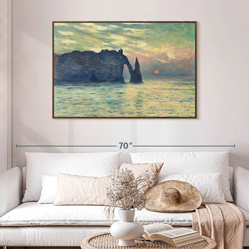 Coucher de soleil sur la falaise d'Etretat, 46 po x 31 po, Cadre flottant noyer