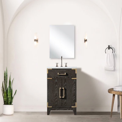 Meuble-lavabo simple en chêne brun - 51 x 46 cm avec comptoir en acrylique et miroir. Style moderne. 46 cm de largeur x 61 cm de hauteur. Grand espace de rangement.