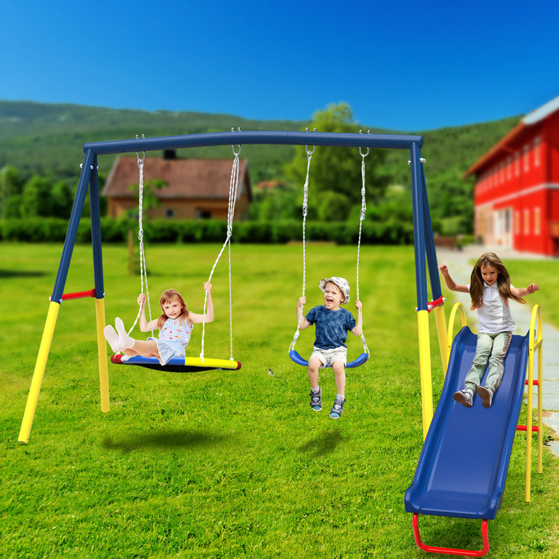 Balançoires pour cour arrière avec glissade pour enfants, ensemble de jeu en métal robuste pour enfants de 440 lb