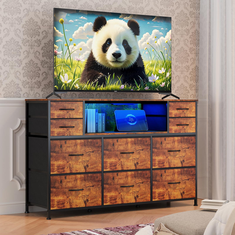 10 Drawer Fabric Dresser, TV Stand with RGB LED Lights & Power Outlet for 45"-55" TV, Brown