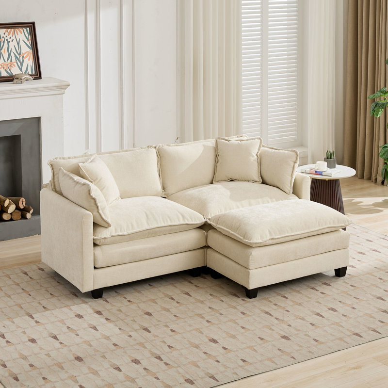 Cloud, chenille respirante, beige, canapé modulaire moderne pour appartement et salon, revêtement double couche, design américain, mi-doux, rembourrage en mousse beige