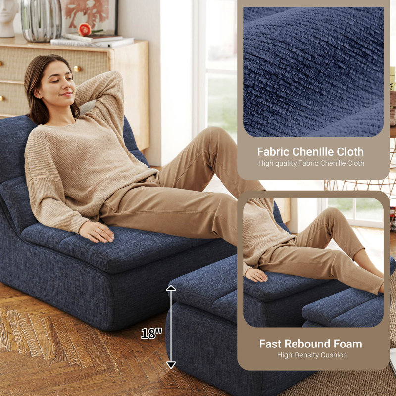 Armless Chenille Foam Bean Bag Chair and Ottoman Set, Blue Chenille