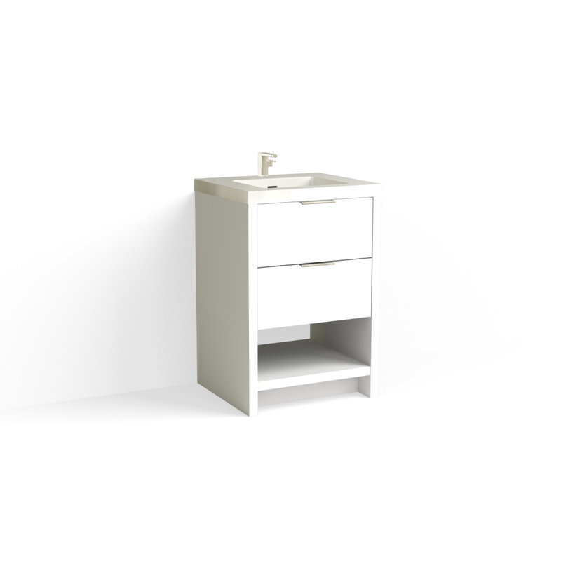 Vue 24" W Freestanding Single Bathroom Vanity, Matte White/Single, White Nanomatte, Polished Nickel