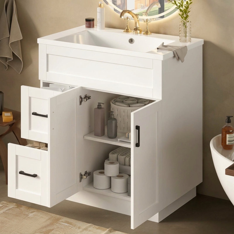 Meuble-lavabo simple de 76 cm (30 po), lavabo en résine, style traditionnel, salle de bain, White, Black