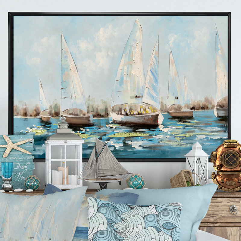 Voilier dans l'eau - reproduction sur toile, H 8 po x l 12 po x P 1 po, Cadre flottant noir